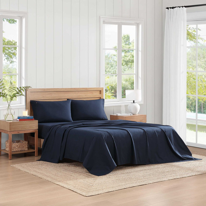 Ensemble de draps en percale de coton Tommy Hilfiger, Ensemble de draps pour lit double avec 2 taies d'o, Bleu marine