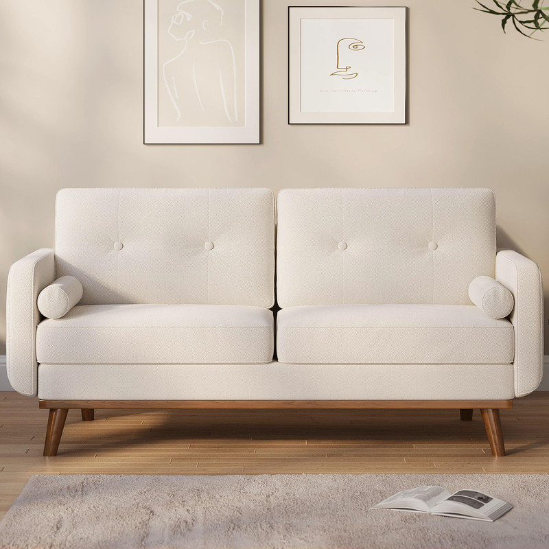 Causeuse 65 po Mid Century Modern capitonnée, garniture et pieds en bois, lin blanc
