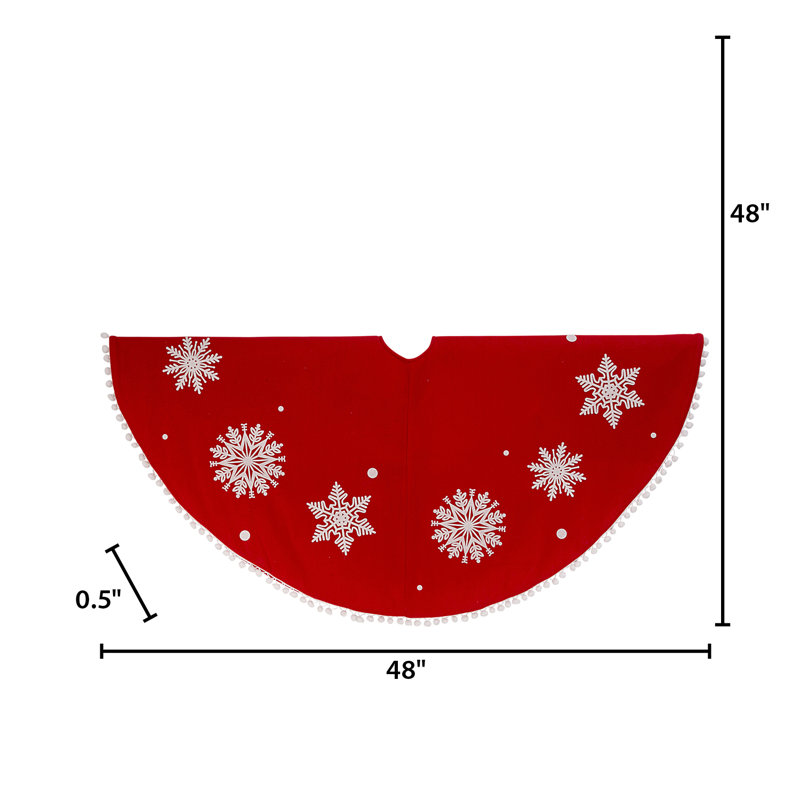 48" Red Velvet Snowflake Tree Skirt with White Pom Poms