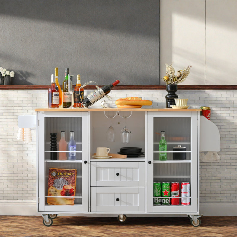 Kitchen Island  With Dropleaf Top, Towel Rack, Spice Rack, 2 Drawers And 2-door Cabinet