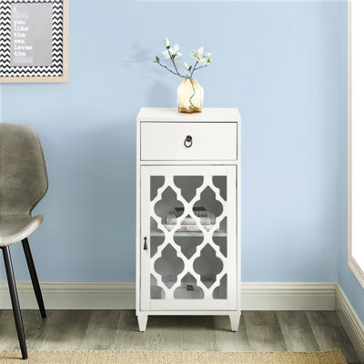 Table d'appoint blanche avec tiroir élégant et porte en verre élégante avec magnifique armoire à pieds fuselés