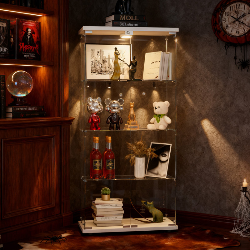 Jacody Glass Display Cabinet with LED Light, 4-Shelf Curio Cabinet, White