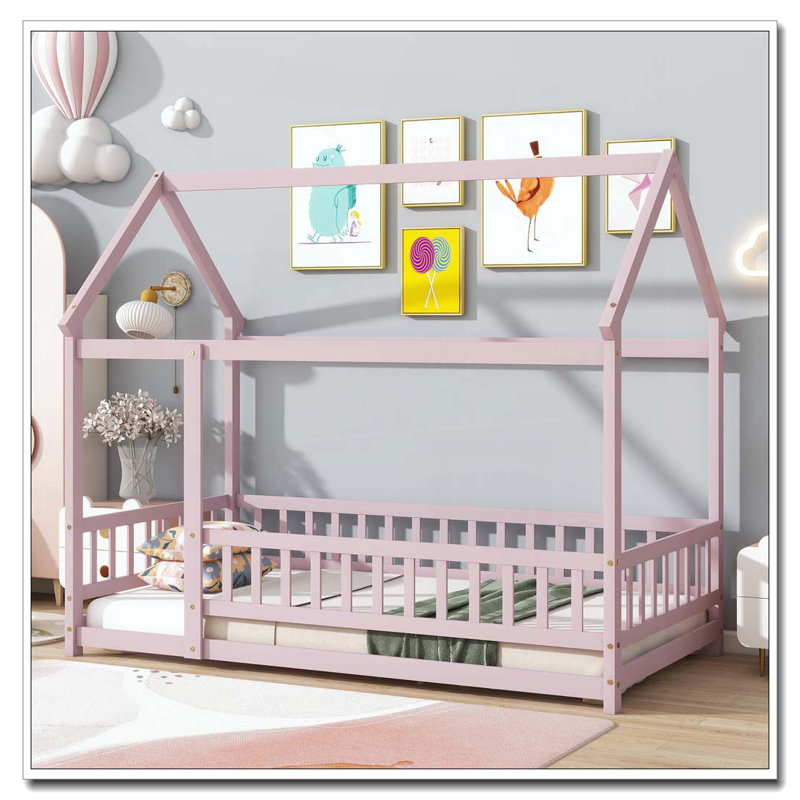 Twin Size House Floor Wooden Bed with Roof Frame,Safety Guardrails, Twin, Pink