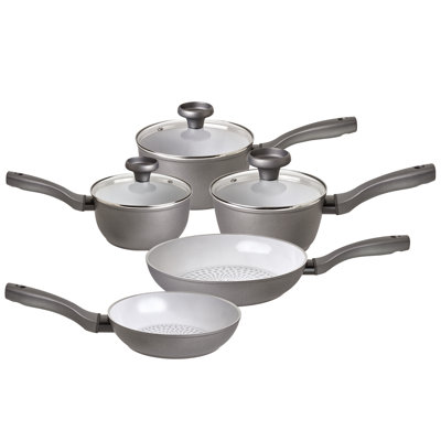 Earthpan Recycled induction Dishwasher Safe 5 Piece Saucepan and Frying Pan Set - 16,18,20cm Saucepans with Toughened Glass Lids and 20cm and 28cm Frying Pans
