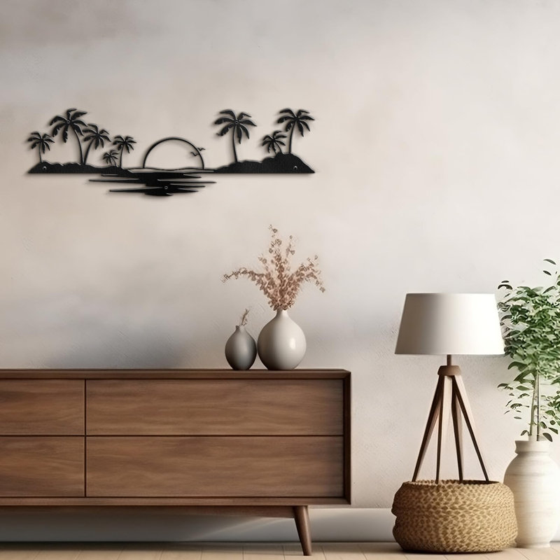 Décoration murale abstraite en métal Sea and Sun, H 9,3 po x l 30 po x P 0,05 po, Noir