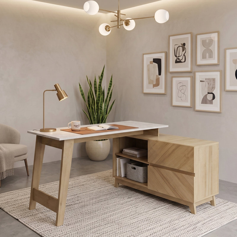 CARRARA L-Shaped Faux Marble Particle Board / Chipboard Credenza Desk, White/Natural