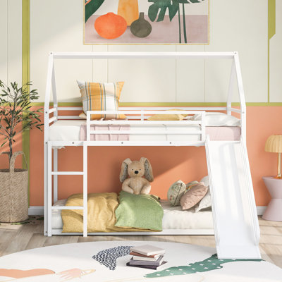 White Twin Over Bunk Bed With & Slide - Solid Metal Construction For Bedroom Use Twin/Twin Space