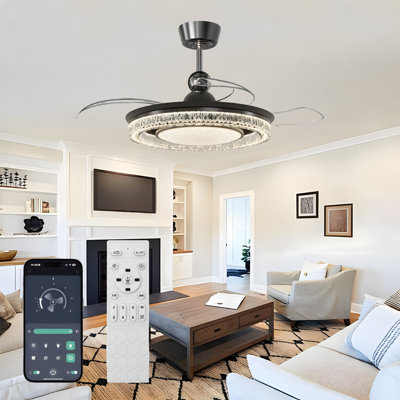 Ventilateur de plafond 42 po rétractable avec lumières DEL, télécommande Fandelier à 6 vitesses, ventilateur de plafond intérieur moderne pour le salon de la chambre à coucher