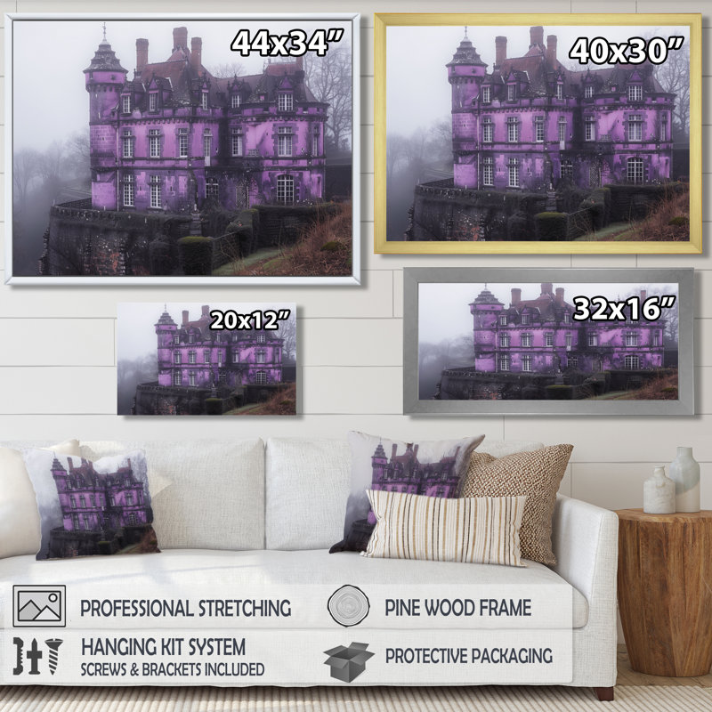 Mauve, gris, château romantique en Europe - Châteaux, art mural, Toile avec cadre flottant brun, H 34 po x l 44 po x P 1,5 po