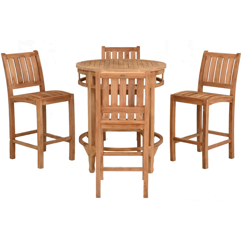 Teak Wood Bistro Bar Set Including Round Orleans Bar Table And Abacho Barstools, 43" H x 38" L x 38" W, 4