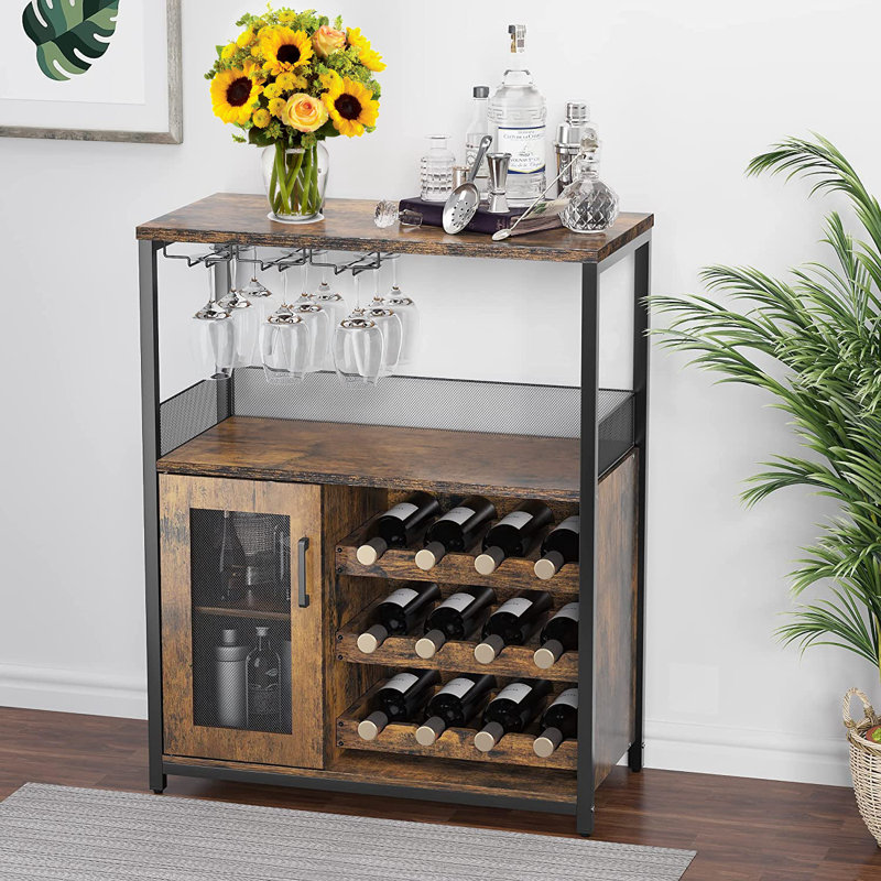 Wine Bar Rack Cabinet With Detachable Wine Rack, Bar Cabinet With Glass Holder, With Mesh Door, Rustic Brown