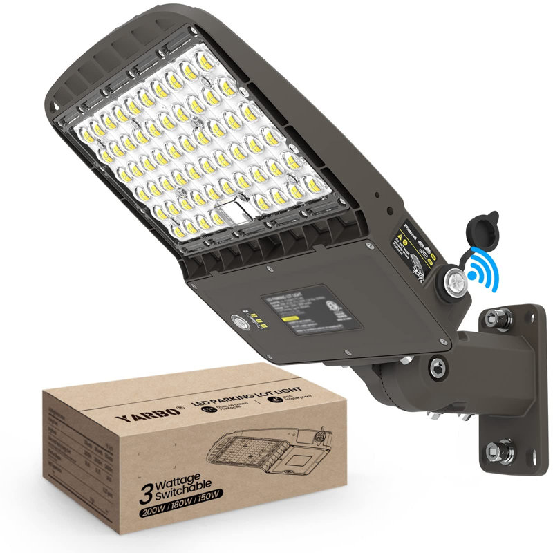 Luminaire commercial à DEL avec boîte à chaussures avec puissance sélectionnable 200W 180W 150W, 32000LM 5000K à intensité variable, photocellule crépuscule à l'aube, IP65 imperméable 100-277V pour les stationnements, comprend un support de fixation 2-en-1