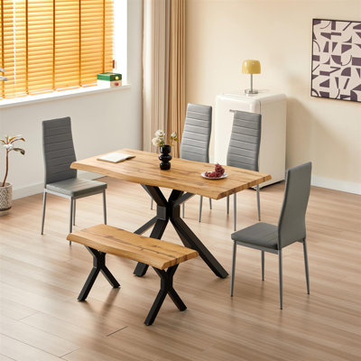 Wooden Dining Table with X-Shaped Iron Legs and 4 Metal Chairs and Bench Modern Dining Set (75cm)