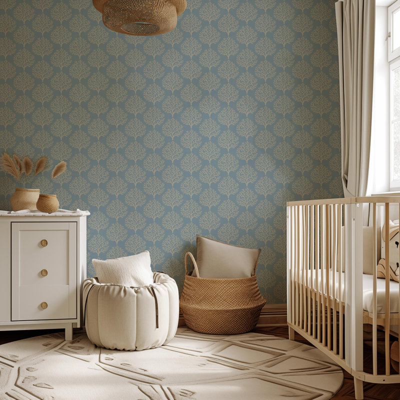 Beach Coral - Wallpaper, Blue, Faux Grasscloth