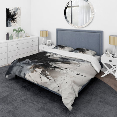 Black Textured Splash Paint Art IV - Abstract Painting Duvet Cover Set - Microfiber Polyester