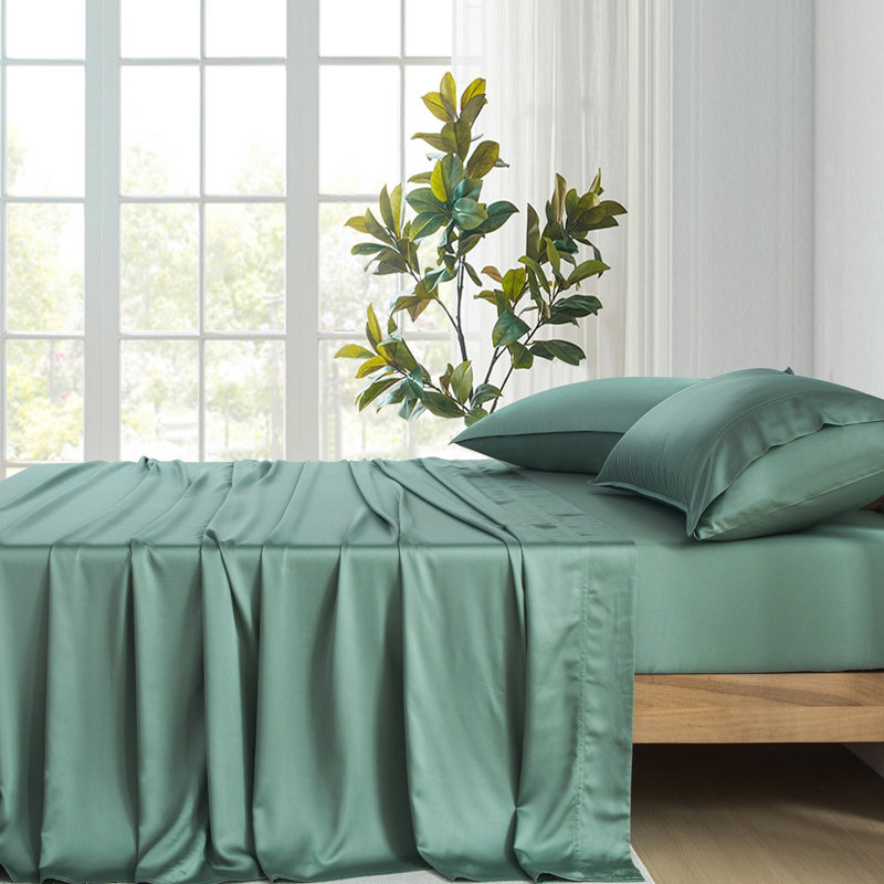 Rayon From Bamboo Sheet Set 400TC Sateen Bedding with Deep Pocket Fitted Sheet, Green, Full