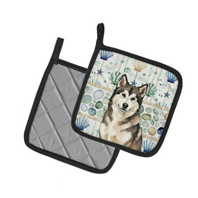 Sable and White Alaskan Malamute Coastal Sea Glass Pair of Pot Holders