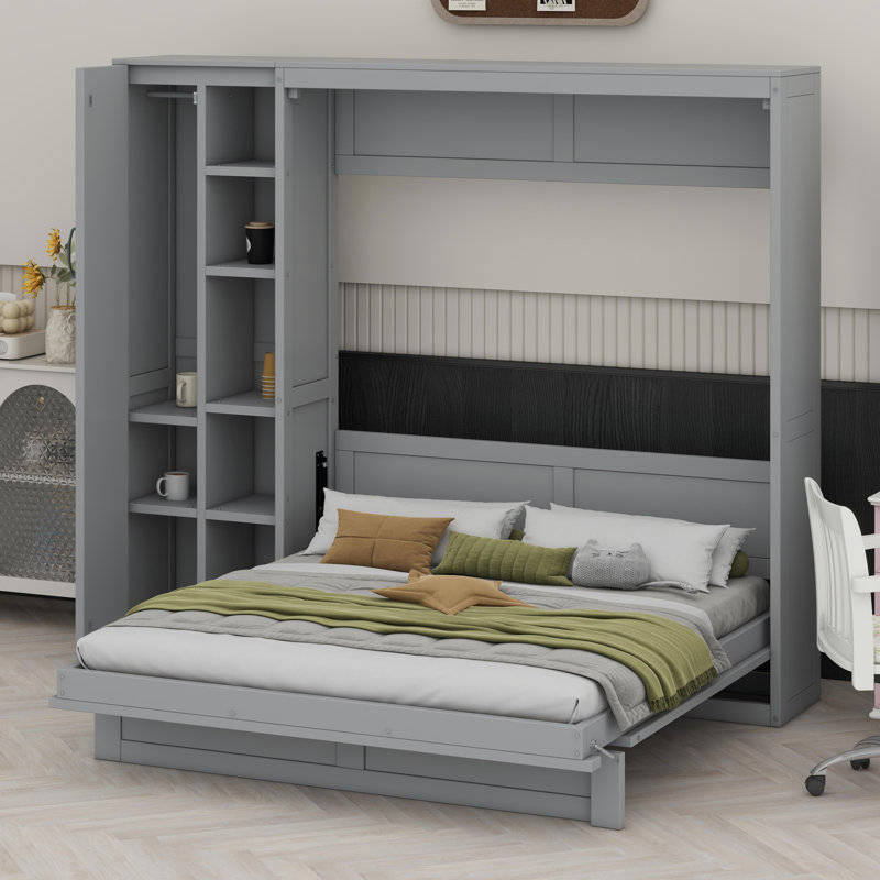 Lit escamotable mural avec tablettes Murphy, Gris, Grand lit