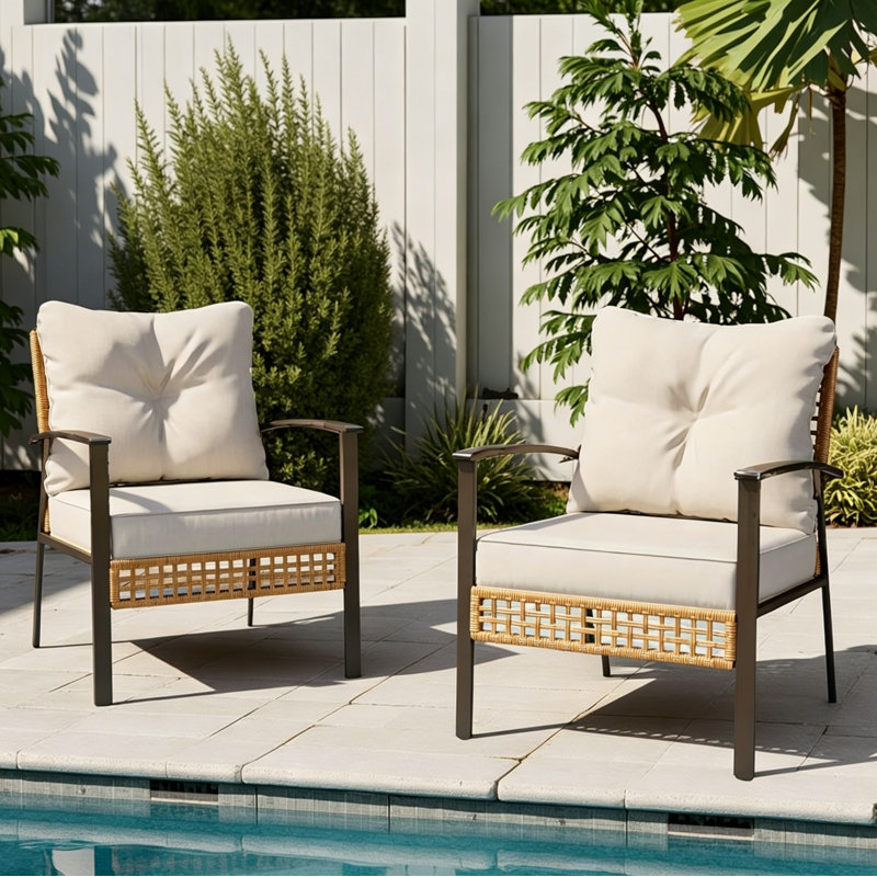 Chaise d'extérieur en osier pour 2 personnes avec coussins beiges