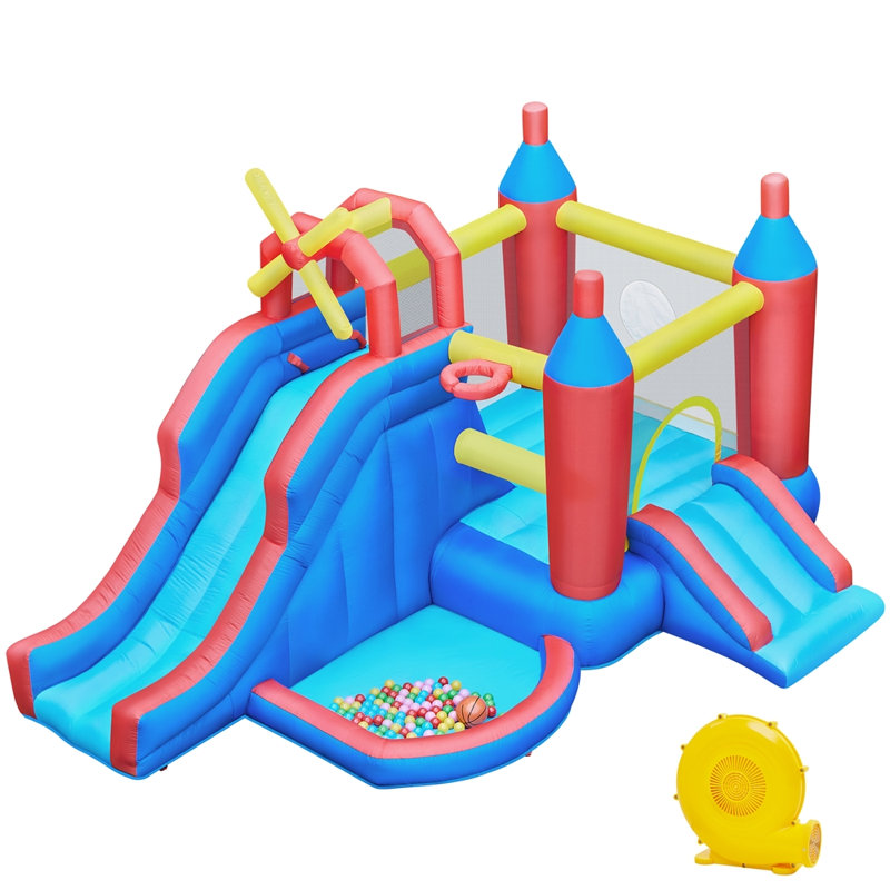 Blue and Red Inflatable Bounce House with Slide and Ball Pit