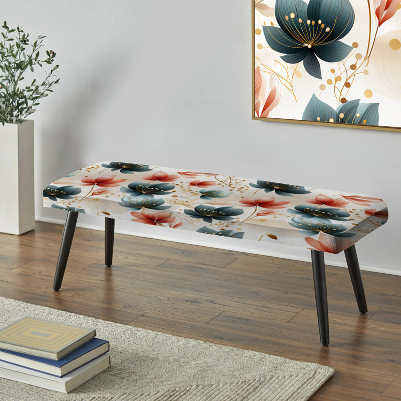 Banc rembourré éclectique noir, Teal Coastal Harmony Floral Pattern