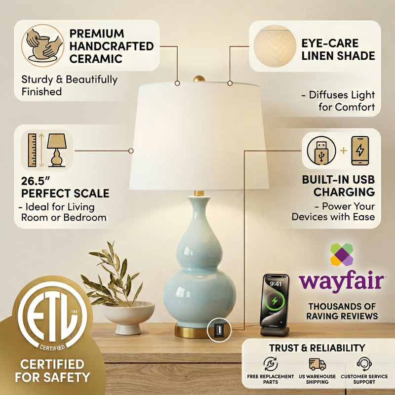 Conyers 26.5" Modern Ceramic Table Lamp with 3-Way Dimming and USB Port, Pale Blue/Greenish Seafoam