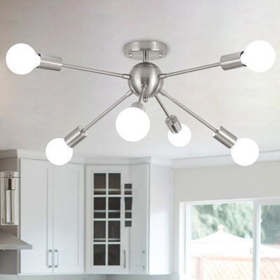 Plafonnier semi-encastré moderne en nickel brossé 6 lumières, à intensité variable et compacte, parfait pour la cuisine, la salle à manger et la chambre à coucher