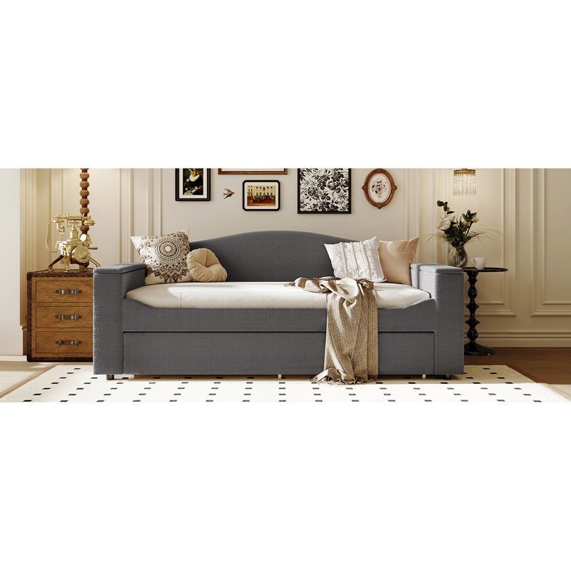 Lit de jour moderne simple rembourré gris avec rangement, gigogne et haut-parleur gris - amusant