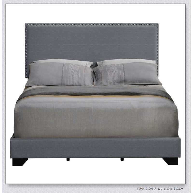 Light Grey Panel Bed with Nailhead Trim