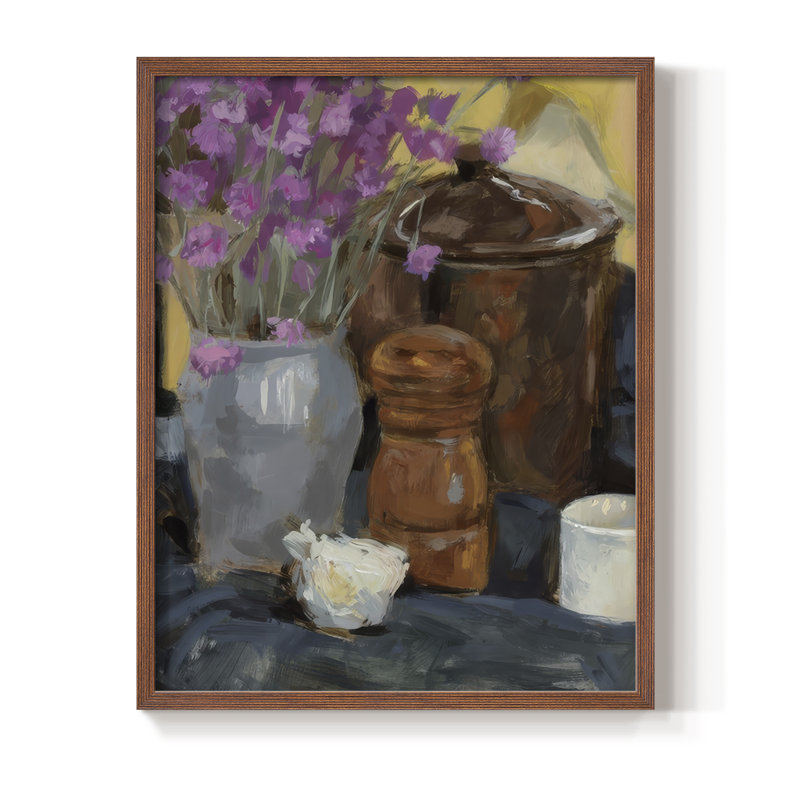 Nature morte avec fleurs séchées I, reproduction encadrée - bois massif, H 15 po x l 12 po, Noyer
