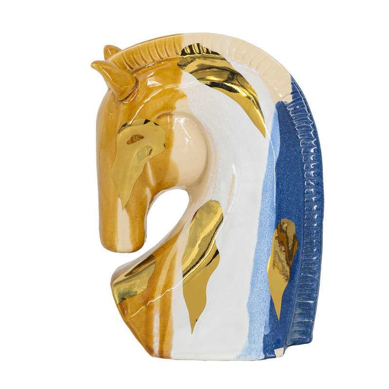 Ceramic Horse Head Sculpture with Abstract Multicolored Finish
