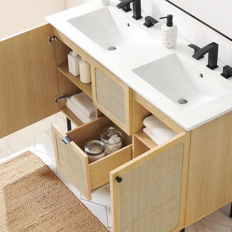 Modway Chaucer 48'' Double Bathroom Vanity with Wood Top, White, Oak/Black