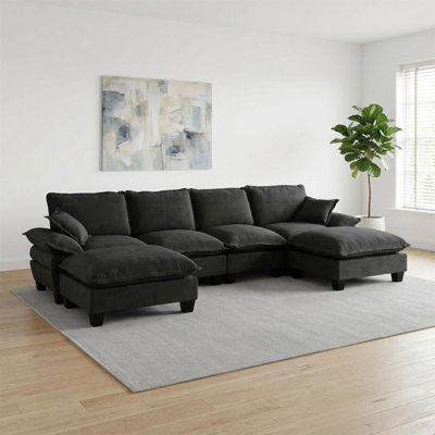 Canapé modulaire modulaire, canapé en U en forme de nuage avec conception de voilier, canapé en chenille confortable à 6 places avec repose-pieds mobile pour le salon