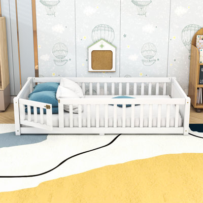 Wooden Bed With Slats And Safety Guardrails