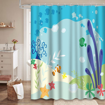 Sea Water Cartoon Fish Underwater Animal Art Shower Curtain with 12 Hooks