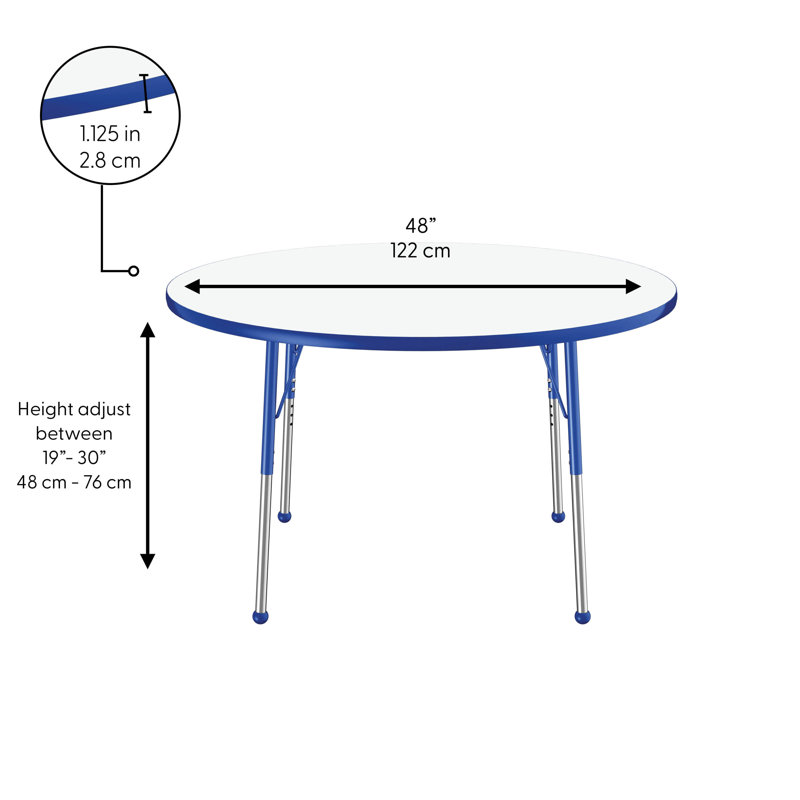 Table ronde d'activités effaçables à sec avec pieds réglables - blanc / noir, 48", Tableau blanc / bleu
