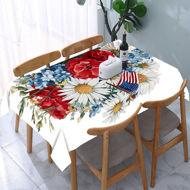 Floral Patriotic Bouquet Tablecloth 60" x 120" Red White Blue for Elegant Memorial Day Brunch