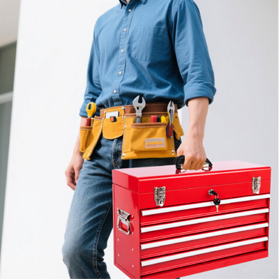 Coffre à outils rouge de 53 cm (21 pouces), 4 tiroirs, glissières à roulement à billes, verrouillable, conception portable, boîte de rangement métallique sécurisée, facile à transporter, grand