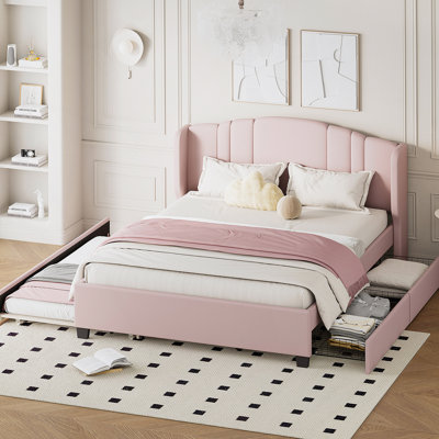 Lit plateforme tapissier avec tête de lit à oreilles, un lit gigogne simple et deux tiroirs, assurant un sommeil confortable et un grand espace de rangement