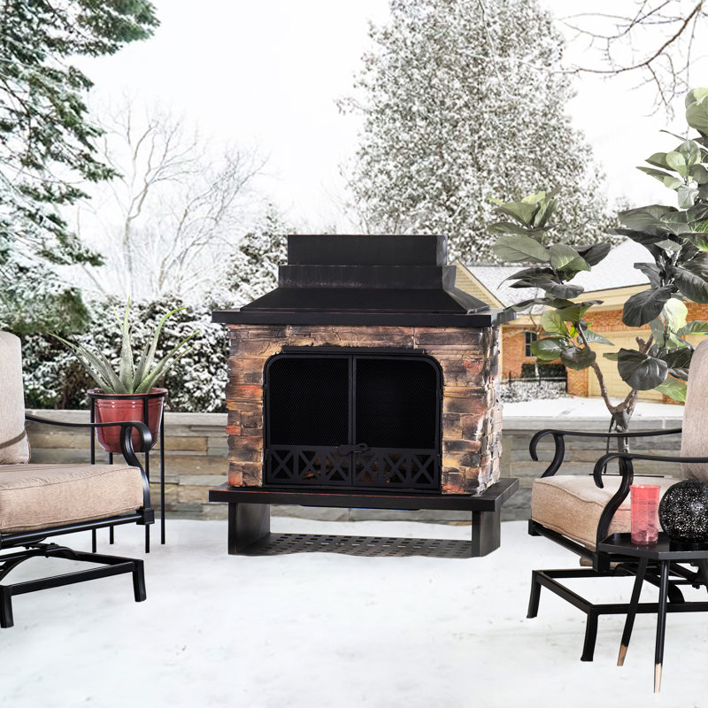Sunjoy Pirtle Outdoor Fireplace, Heavy Duty Patio Wood Burning Fireplace with Steel Chimney, Mesh Spark Screen Doors, Removable Grate and Fire Poker