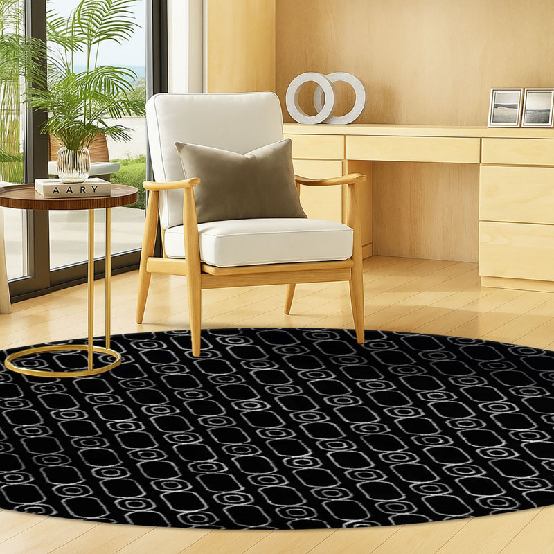 Tapis contemporain noir et argenté Vincente, Rond 3 pi 1 po