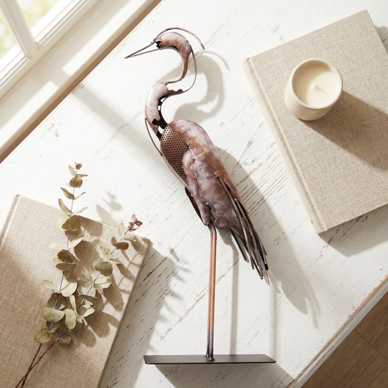 21"H Handmade Metal Heron Statue, 100% Hand-Painted Bird Figurine Décor, Rustic Handicraft Artwork For Bird Lovers, Brown