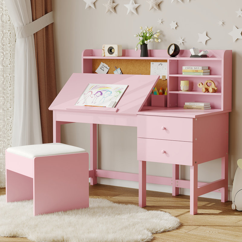 Kids Wooden Desk and Chair Set with Adjustable Tilt Desktop, Drawers and Cork Board, Children’s Study Table for Boys and Girls Ages 3–8