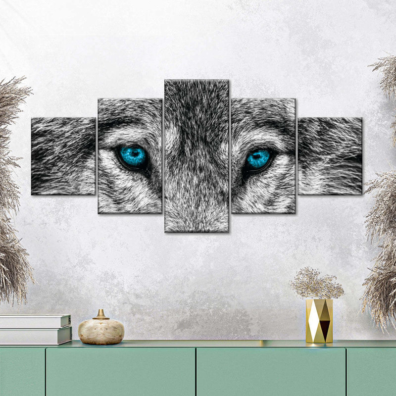 Loup loup frais sur toile, 5 pièces, H 34 po x l 74 po
