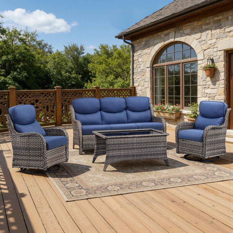 5 - Person Handwoven Wicker Patio Conversation Set With Swivel Glider Chairs, 5" Olefin Cushions, Gray, Blue