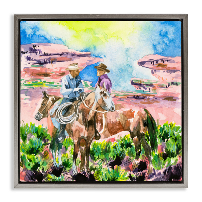 «Cowboy Duo in Canyon», toile murale encadrée par Melissa Wang, H 18 po x l 18 po, Cadre flottant gris lustré
