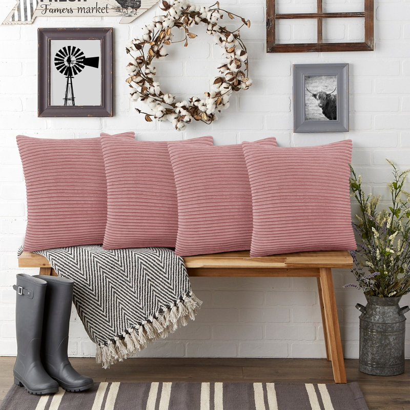 Shadwell Striped Square Scatter Crushed Velvet Cushion Cover, Pink