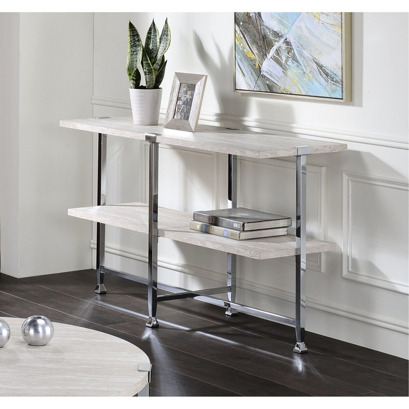 Table demi-lune avec éléments en chêne blanc, profondeur 122 cm, poids 18 kg, montage facile, tablette fixe en bois, largeur 41 cm, structure en métal, compartiment ouvert