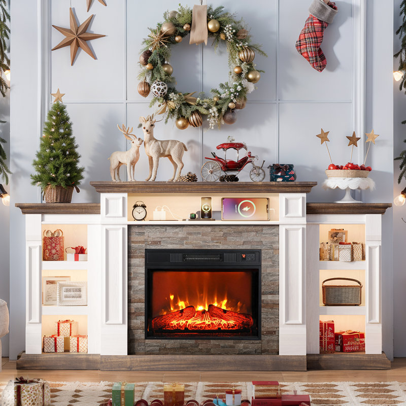 72" Fireplace TV Stand for TVs up to 80" with Fireplace Included, Entertainment Center with Charging Station & LED Light, White Brown