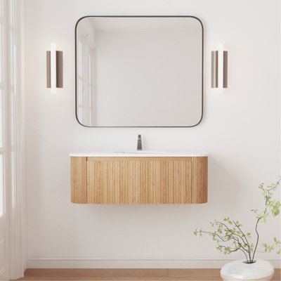 Meuble-lavabo mural 42 po avec comptoir en marbre artificiel Cararra, lavabo en céramique, conception courbée avec rayures, pré-assemblé